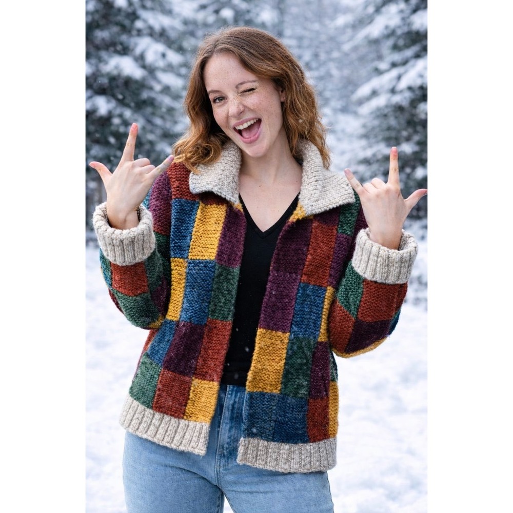Handmade One Of A Kind Heavy Crochet Color Block Jacket Sweater Long Sleeve - Picture 2 of 16